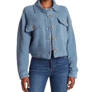 Blank NYC Cropped Sherpa Trucker Jacket Womens L Blue Fleece Cozy 90s Retro